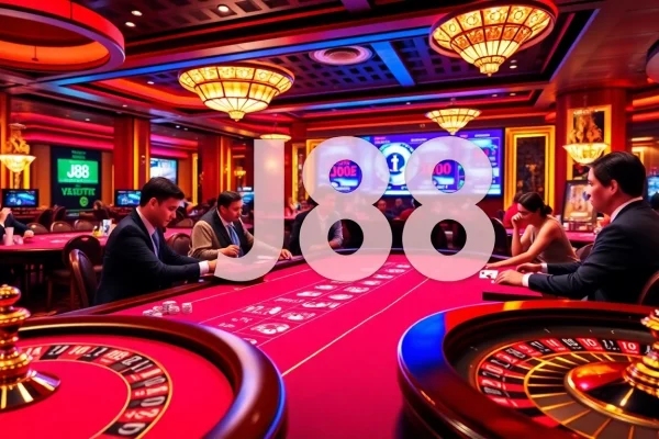 Experience high-stakes gambling action at j88 casino with vibrant tables, excited players, and professional dealers.