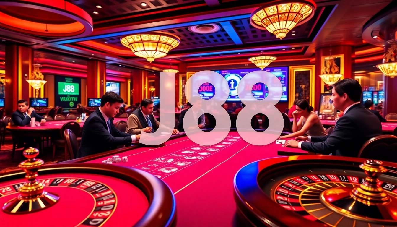 Experience high-stakes gambling action at j88 casino with vibrant tables, excited players, and professional dealers.