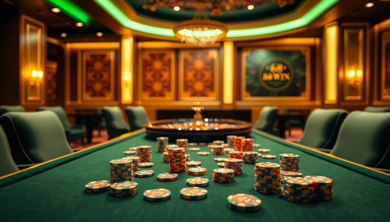 Engaging gambling scene depicting 登 nhập 68win featuring casino tables, poker chips, and elegant atmosphere.