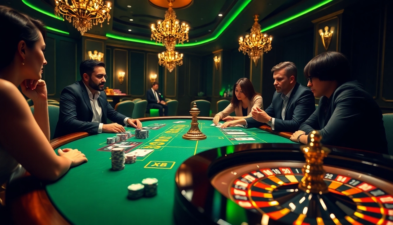 Players enjoy a thrilling poker game at XX 88 casino with vibrant chips and cards.