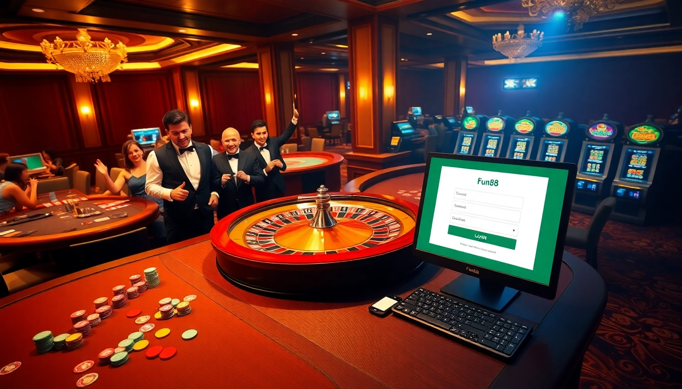 Experience thrilling Fun88 login excitement with luxurious casino ambiance featuring roulette and poker tables.