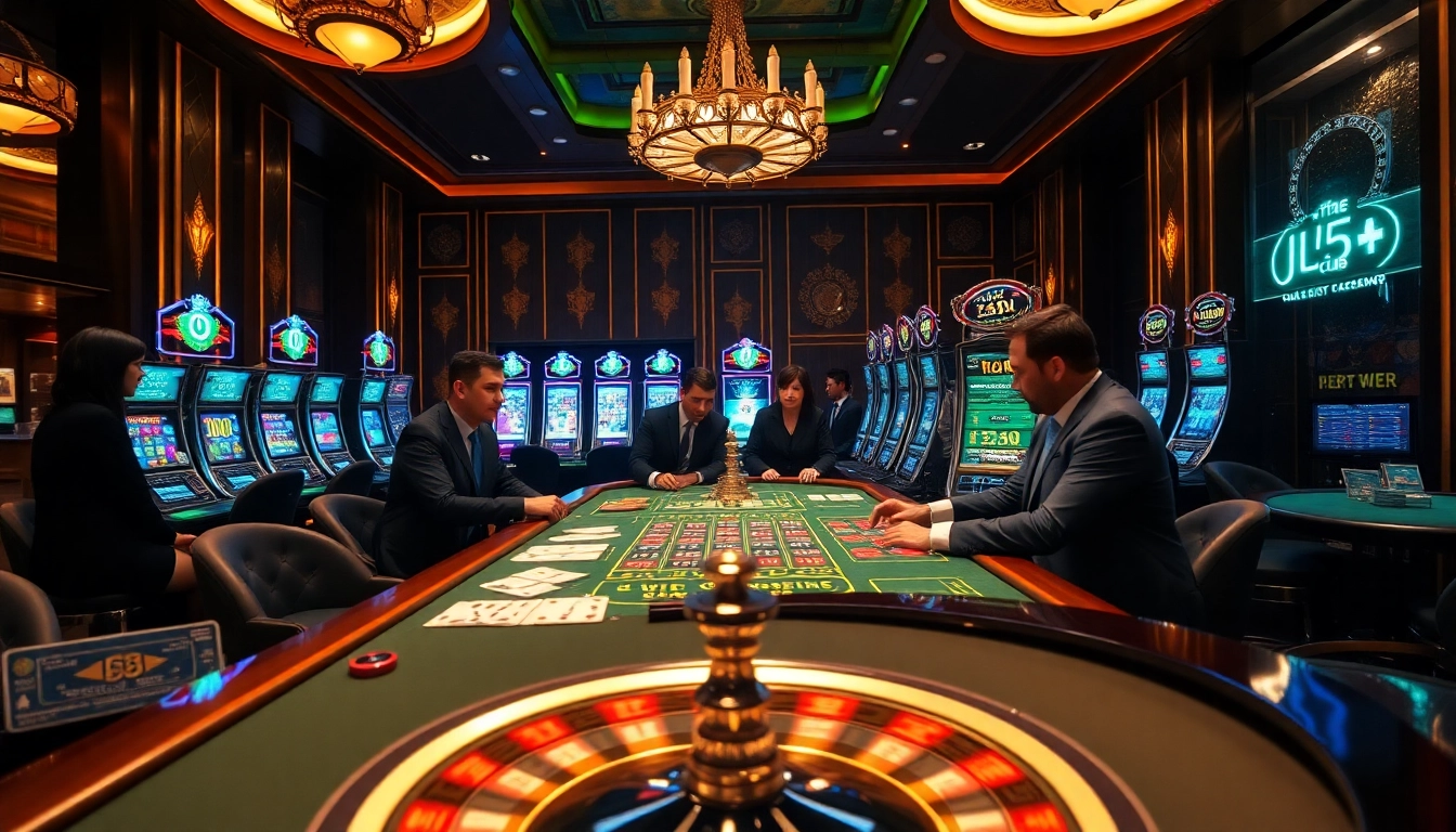 High-stakes gaming action at the jl55 club casino, featuring vibrant slot machines and a roulette wheel.