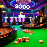 Players enjoying a thrilling game of blackjack at SODO Casino, surrounded by poker chips and luxury decor.