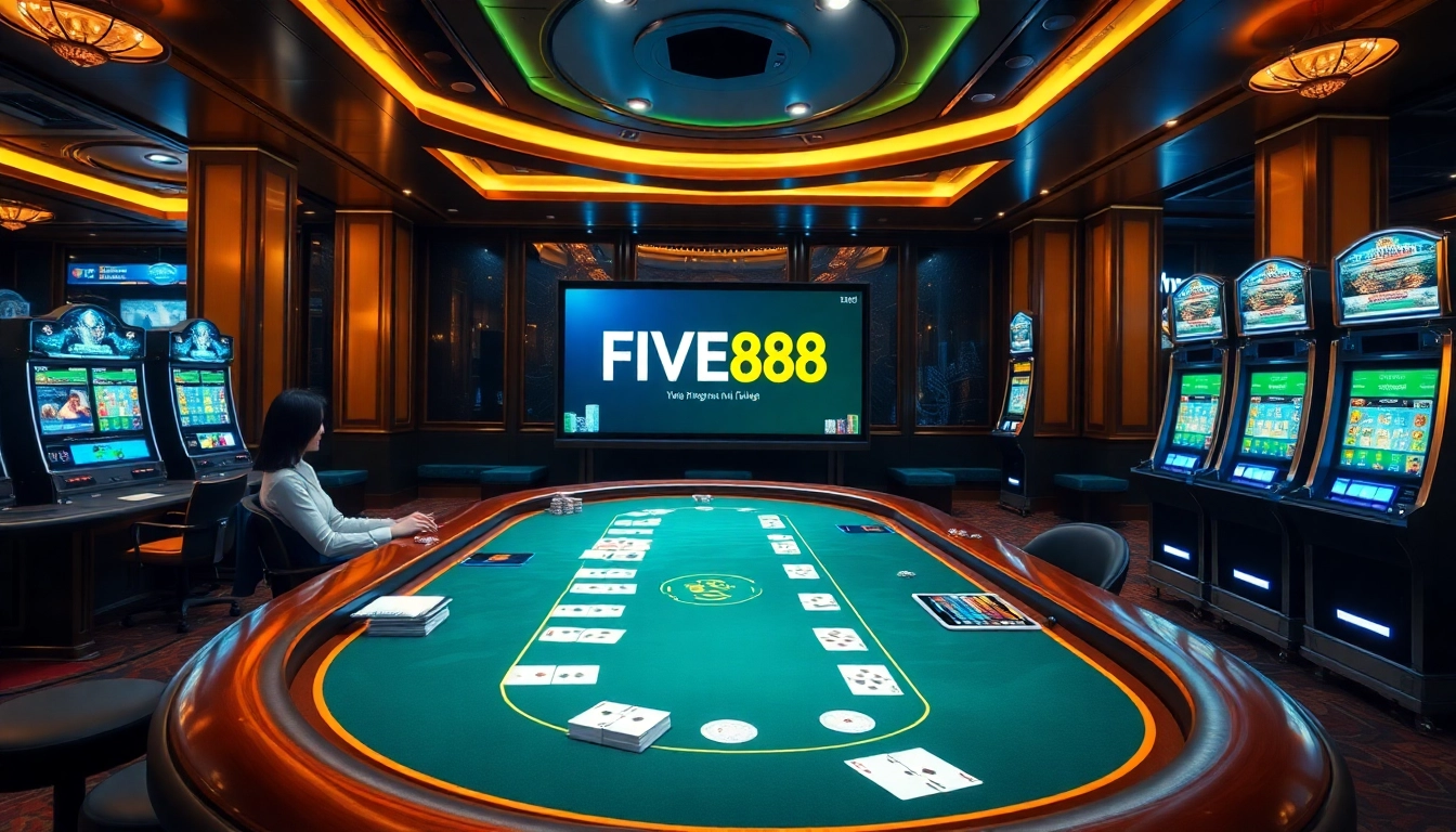 Experience the excitement of FIVE88 with vibrant casino tables and interactive gaming interfaces.