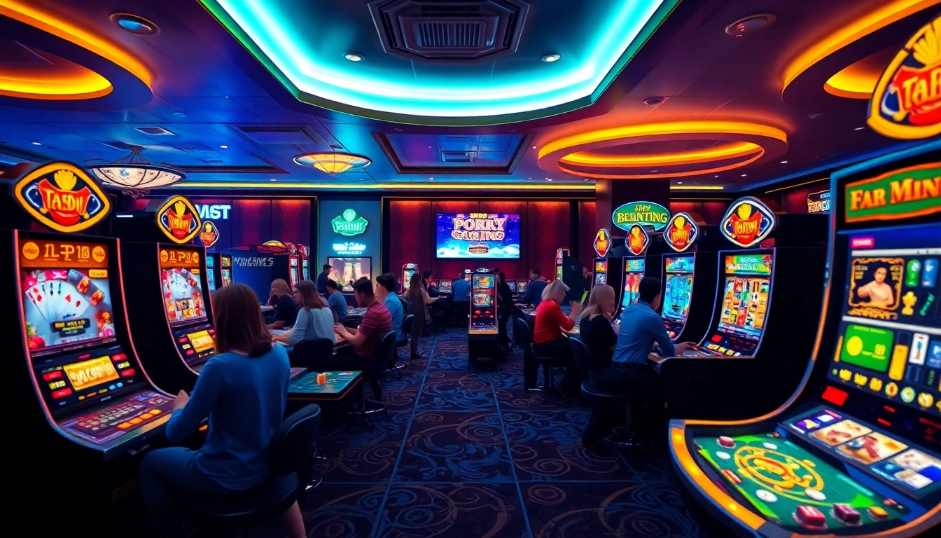 Explore gaming excitement at tk88win.live with players enjoying poker and slots in a luxurious online casino environment.