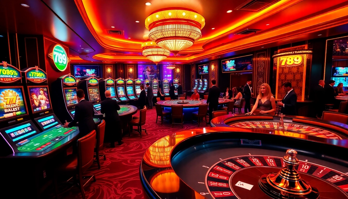 Exciting gameplay at 789 club showcasing poker tables and slot machines with vibrant animations.