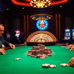 Players enjoy high-stakes games with MB66 poker chips in a luxurious casino setting.