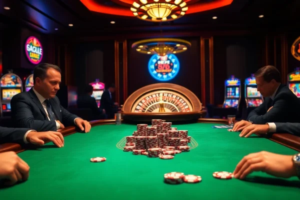 Players enjoy high-stakes games with MB66 poker chips in a luxurious casino setting.