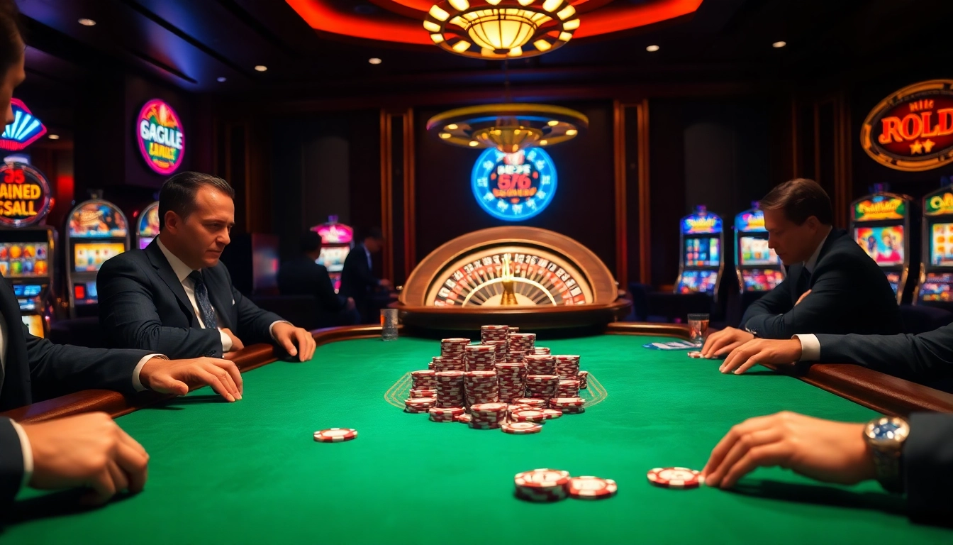 Players enjoy high-stakes games with MB66 poker chips in a luxurious casino setting.