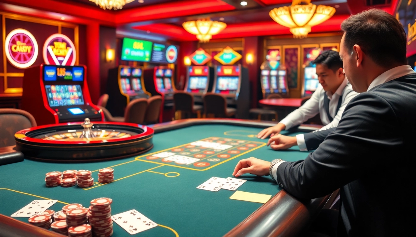 Players engaging in an exhilarating casino game at 888vnd, surrounded by poker chips and a roulette wheel.