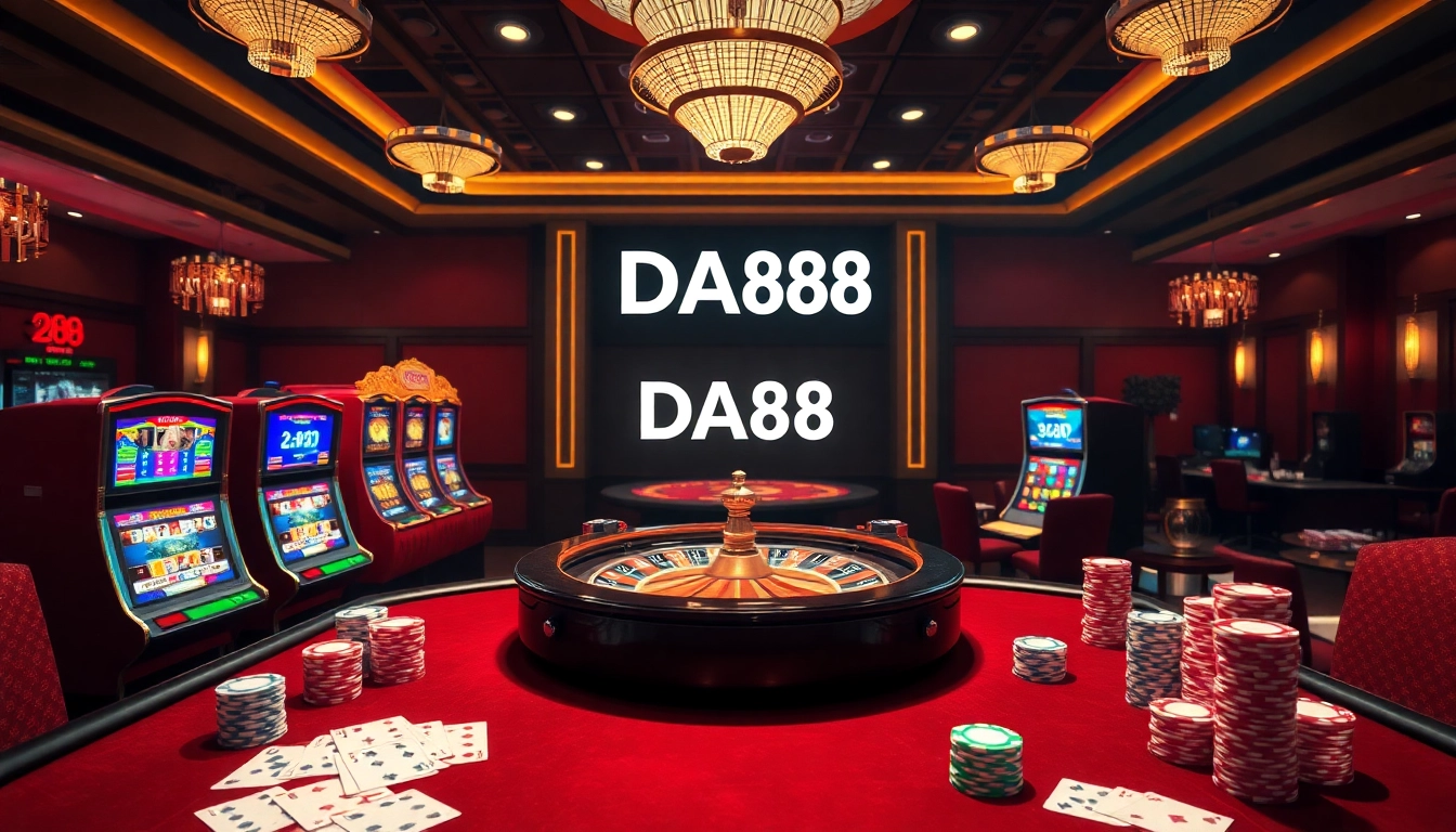 Gamble at https://da88j.com/ with poker chips and vibrant slot machines in a luxurious casino scene.