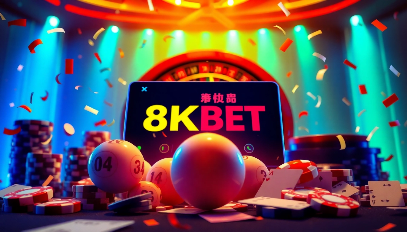 Xổ số 8KBET players engaging with the vibrant online lottery interface and lottery balls.