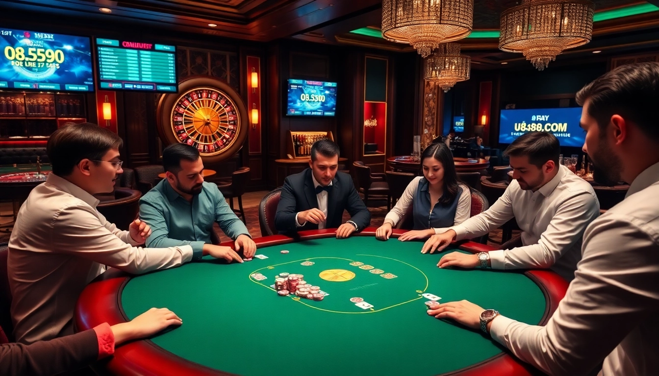 Players enjoy high-stakes Omaha Poker at uu88vn.com, showcasing a luxurious casino atmosphere.