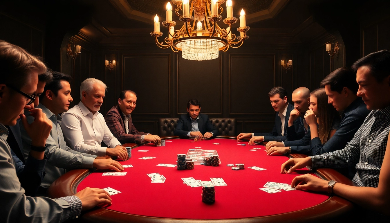 Poker players strategize with colorful chips in a luxury casino scene reflecting vv jl excitement.