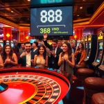Experience the thrill of casino gameplay with 888vnd showcased prominently amidst poker chips and roulette action.