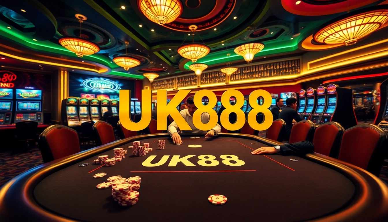 UK88 casino scene with poker action, vibrant games, and luxurious atmosphere.