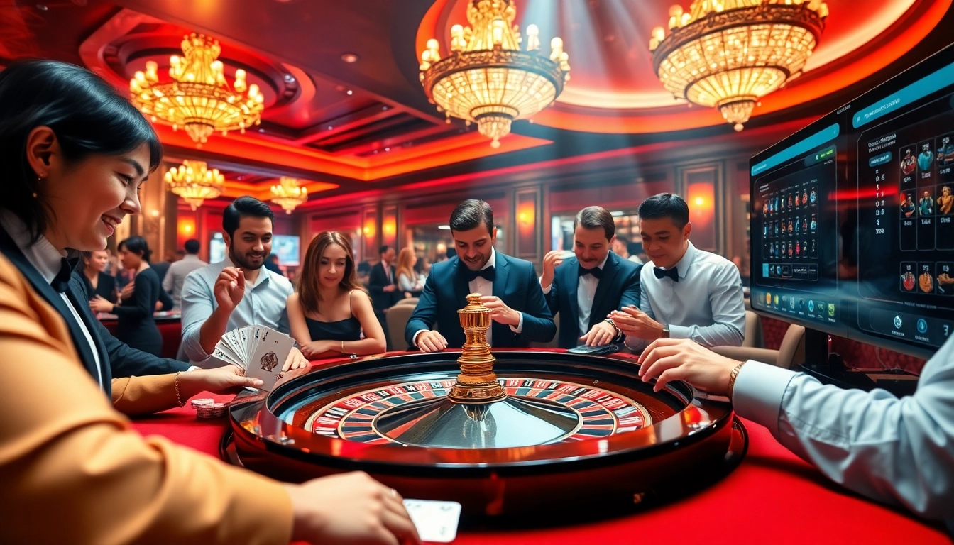 Engaging players strategizing at a luxurious tr88 roulette table in an upscale casino.