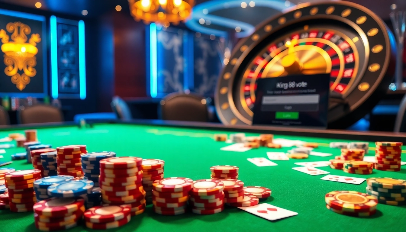 Experience thrilling moments at https://king88.vote/ with vibrant casino visuals featuring poker chips and roulette.