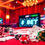 Nạp tiền 8KBET with vibrant casino elements like poker chips and cards in an elegant setting.