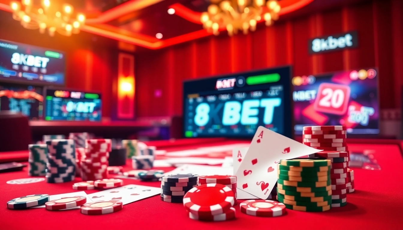 Nạp tiền 8KBET with vibrant casino elements like poker chips and cards in an elegant setting.