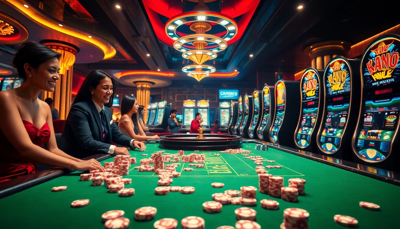 Engaging casino scene with players enjoying MV66 gambling experience at roulette and poker tables.